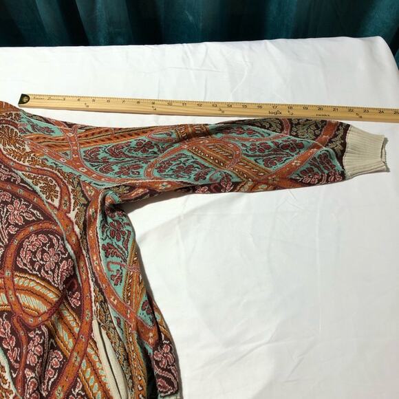 Peruvian Connection full zip turquoise rust print pima cotton cardigan womens L - Picture 7 of 11